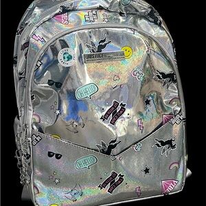 Justice Shimmering Silver Backpack with Fun Patches